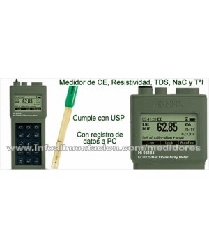 Medidor portátil de CE/Resistividad/TDS/NaCl/temperatura con pantalla gráfica. HI 98188-02